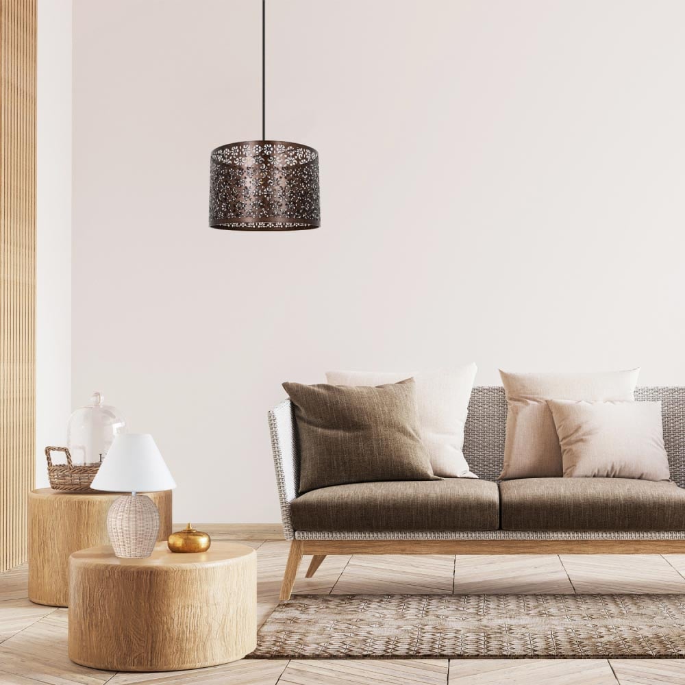 Happy Homewares Marrakech Designed Matt Bronze Metal Pendant Shade with Floral Decoration Image 2