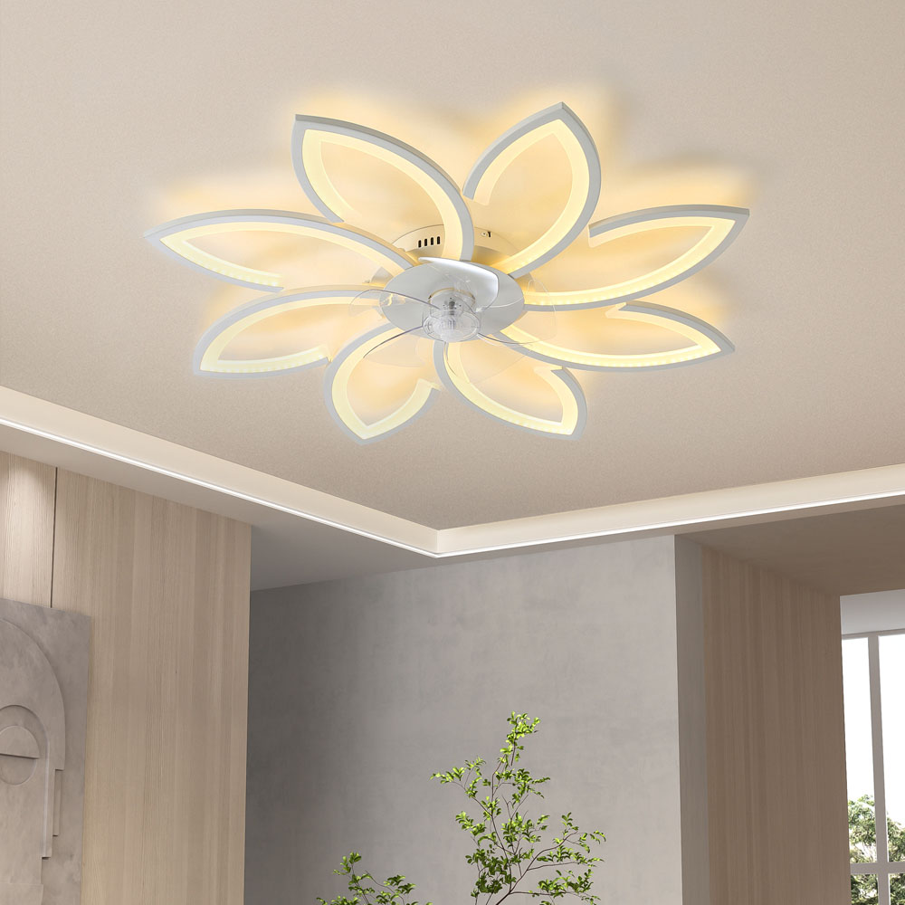 Living and Home White Flower Shaped LED Ceiling Mount Fan Light with 6 Speeds 34 inch Image 2
