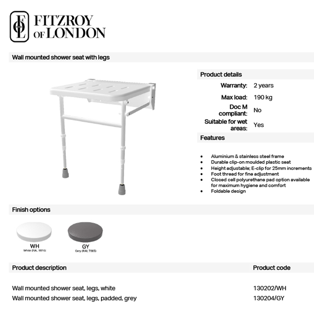 Fitzroy of London White Wall Mounted Shower Seat with Legs Image 2