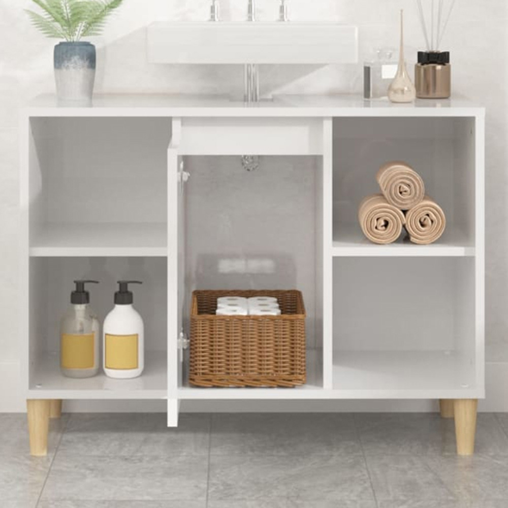 vidaXL Single Door 4 Open Shelf High Gloss White Bathroom Sink Cabinet Image 1