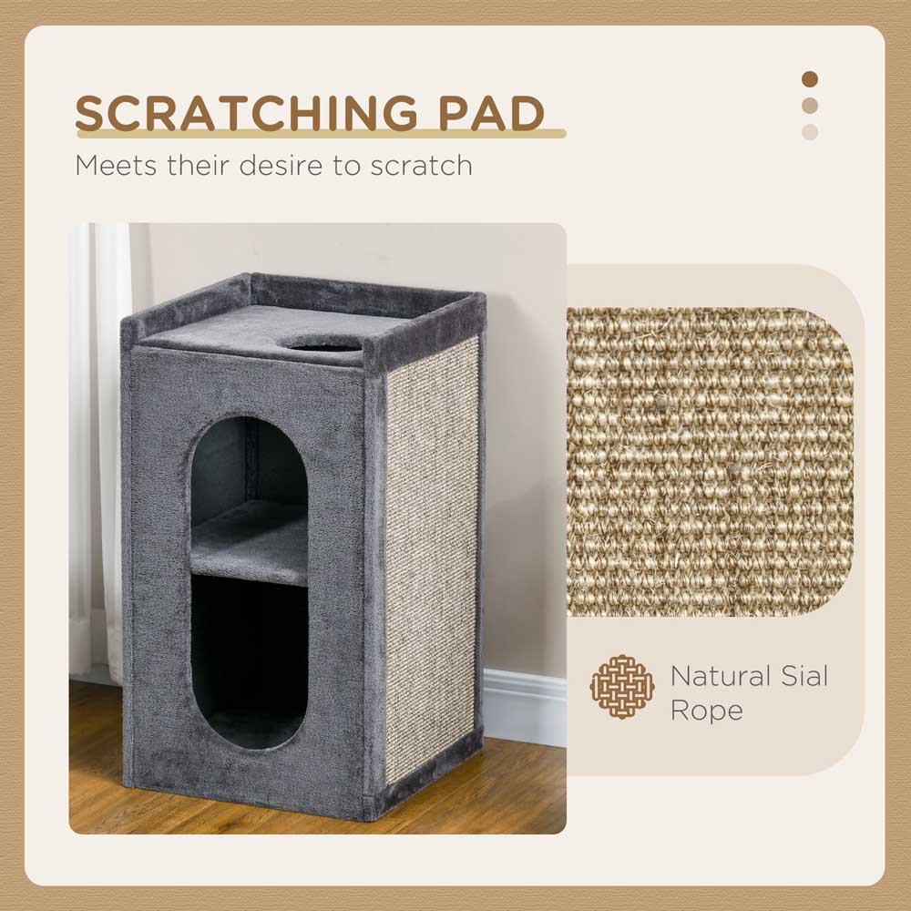 PawHut 81cm Cat Scratching Barrel with Two Cat Houses for Indoor Cats - Grey Image 5