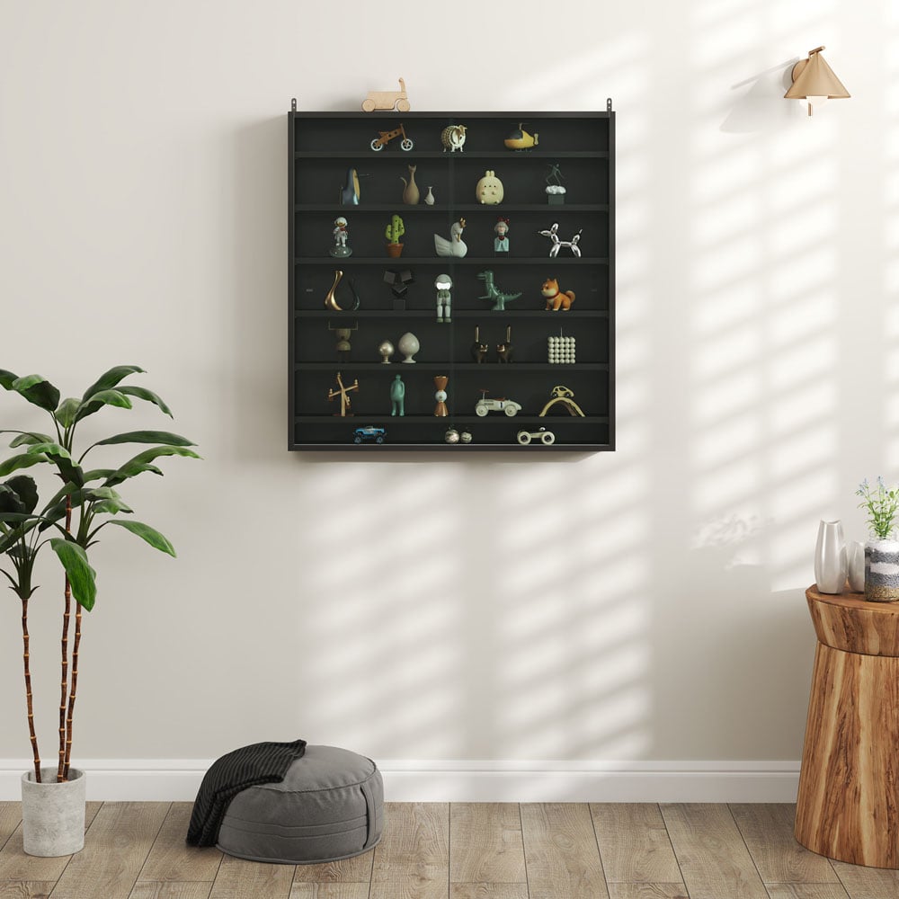 HOMCOM 7-Tier Glass Doors Black Wall Display Cabinet Image 3