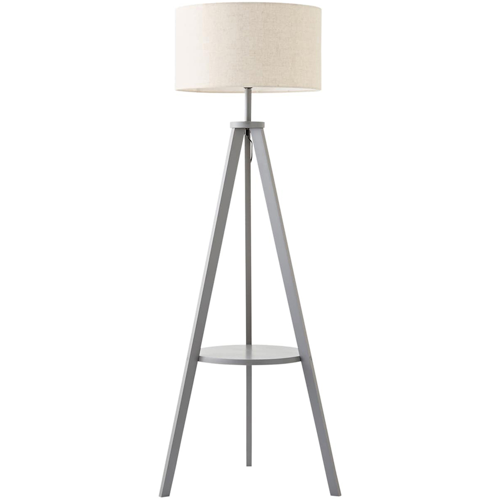 ValueLights Morrigan Grey Wood Tripod Floor Lamp with Linen Fabric Shade and Bulb Image 1