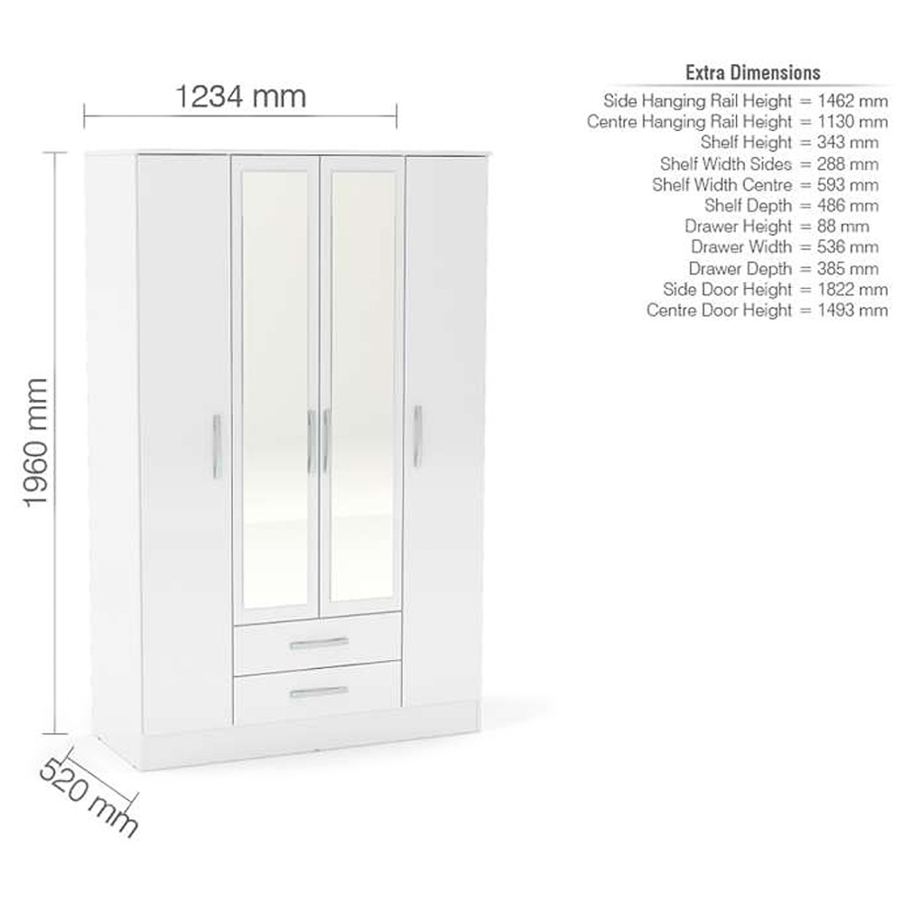 Lynx 4 Door 2 Drawer White Mirror Wardrobe Image 4