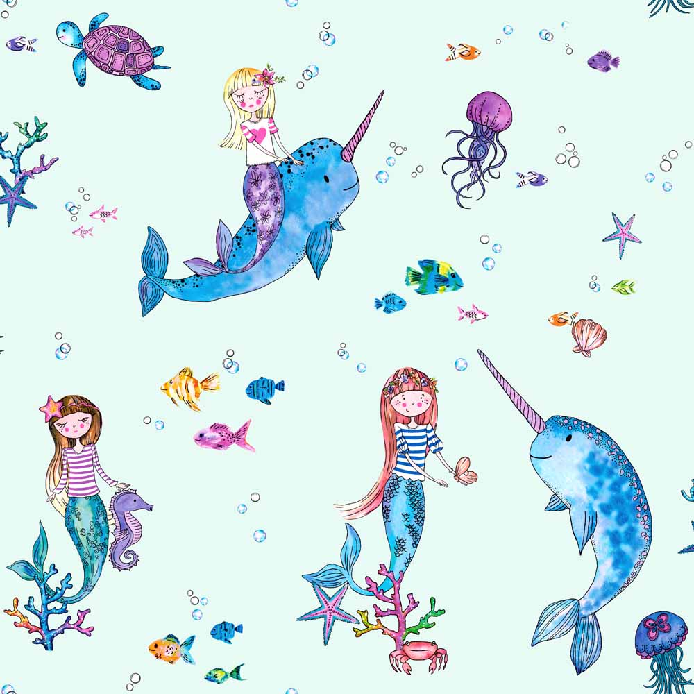 Narwhals and Mermaids Teal Wallpaper Image 1