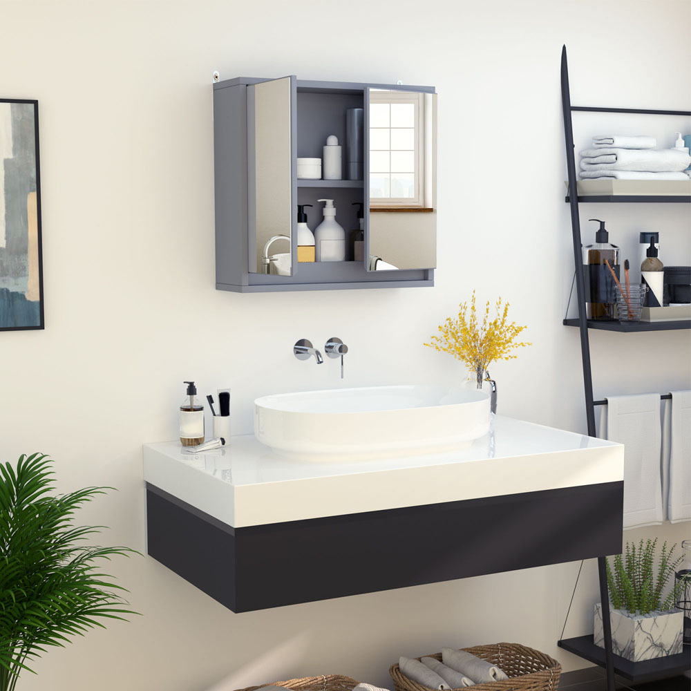 HOMCOM Grey Wall Mounted Mirror Bathroom Cabinet Image 3