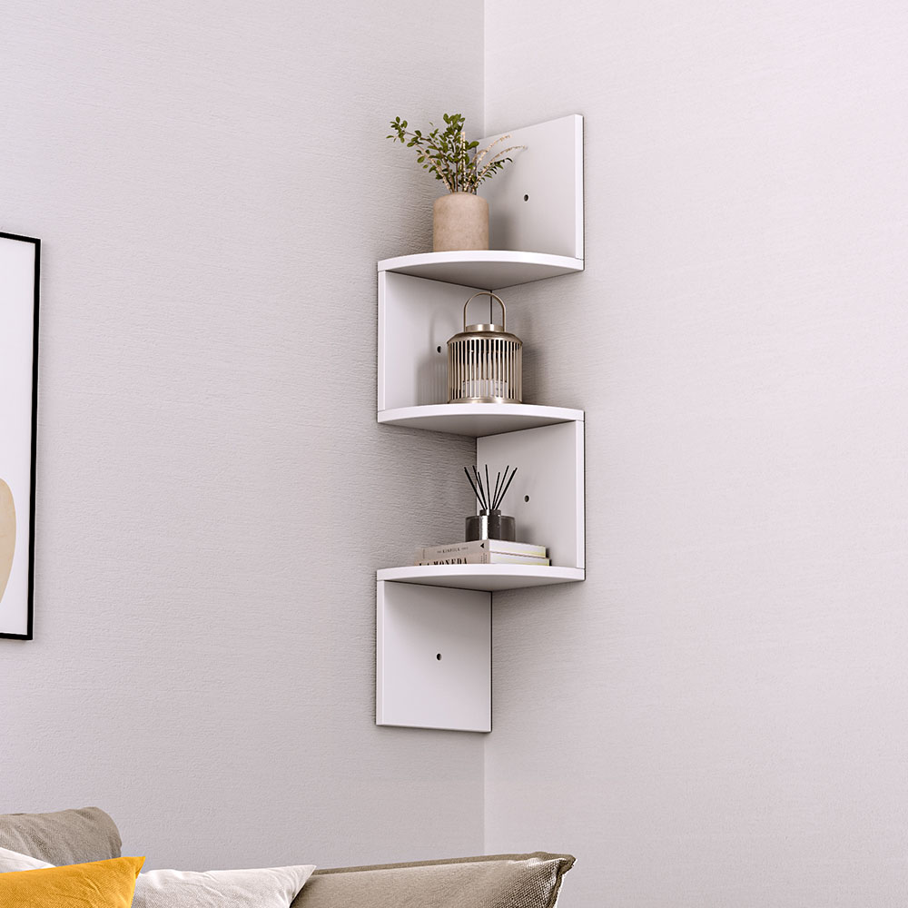 Living and Home 3 Tier White Wooden Zigzag Floating Corner Shelves Image 3