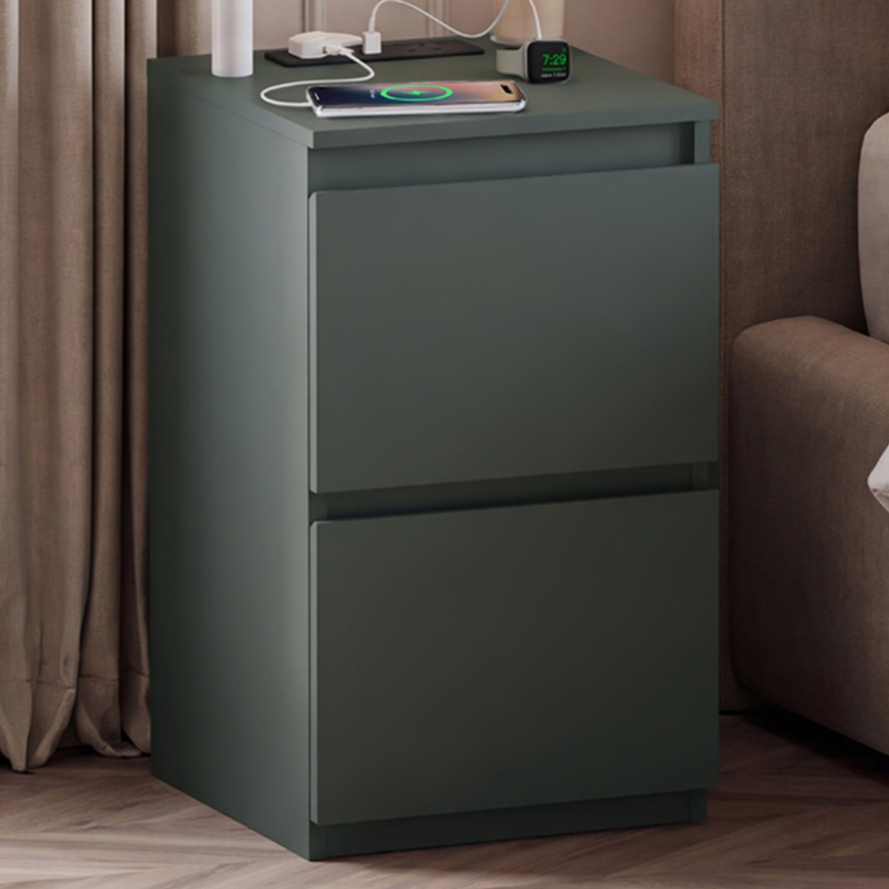 VIDA DESIGNS Denver 2 Drawer Green Bedside Chest with Power Outlet Image 1