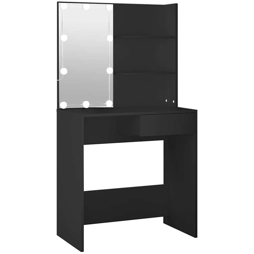 vidaXL Single Drawer 2 Shelf Black Dressing Table with LED Mirror Image 2
