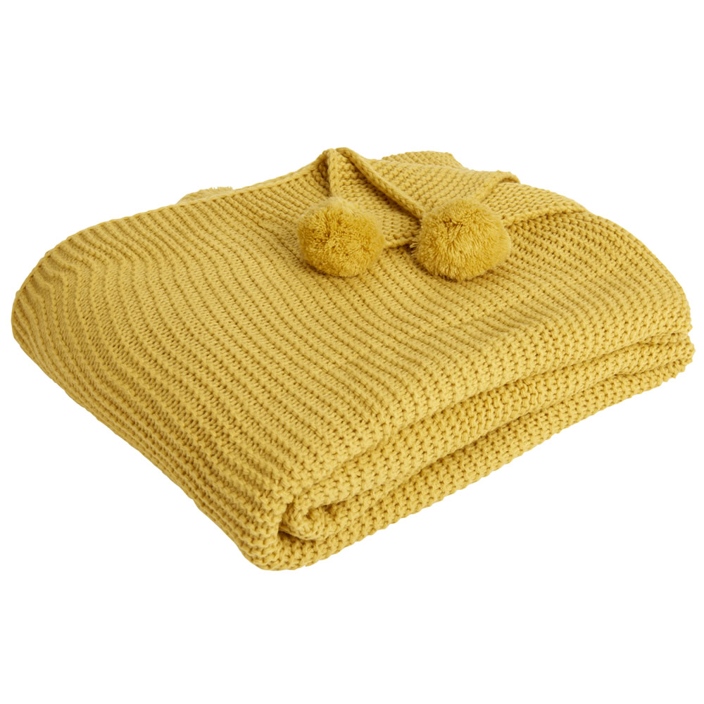 Wilko Mustard Chunky Knit Throw Pom Pom 150 x 180cm Wilko