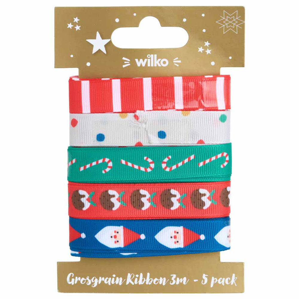 Wilko Merry Grosgain Ribbon 3m 5 Pack Image 1