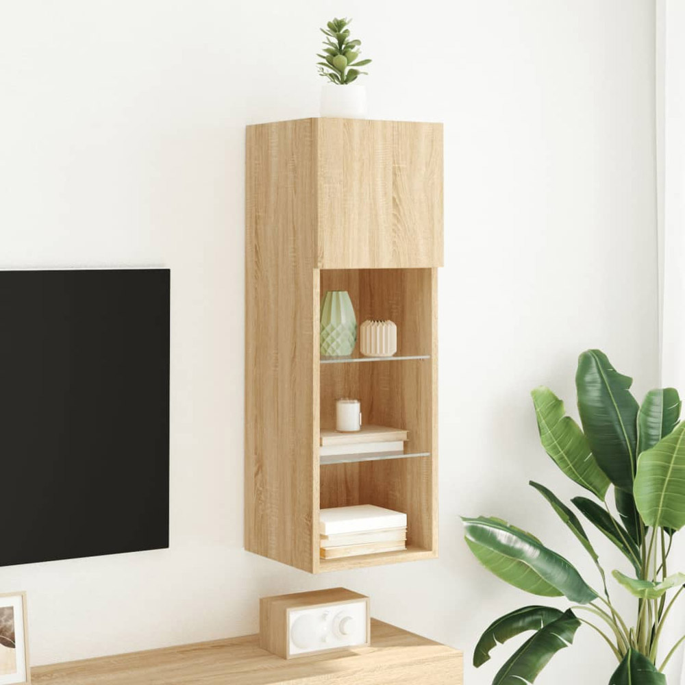 vidaXL Single Door 3 Open Shelf Sonoma Oak Narrow TV Cabinet with LED Light Image 4