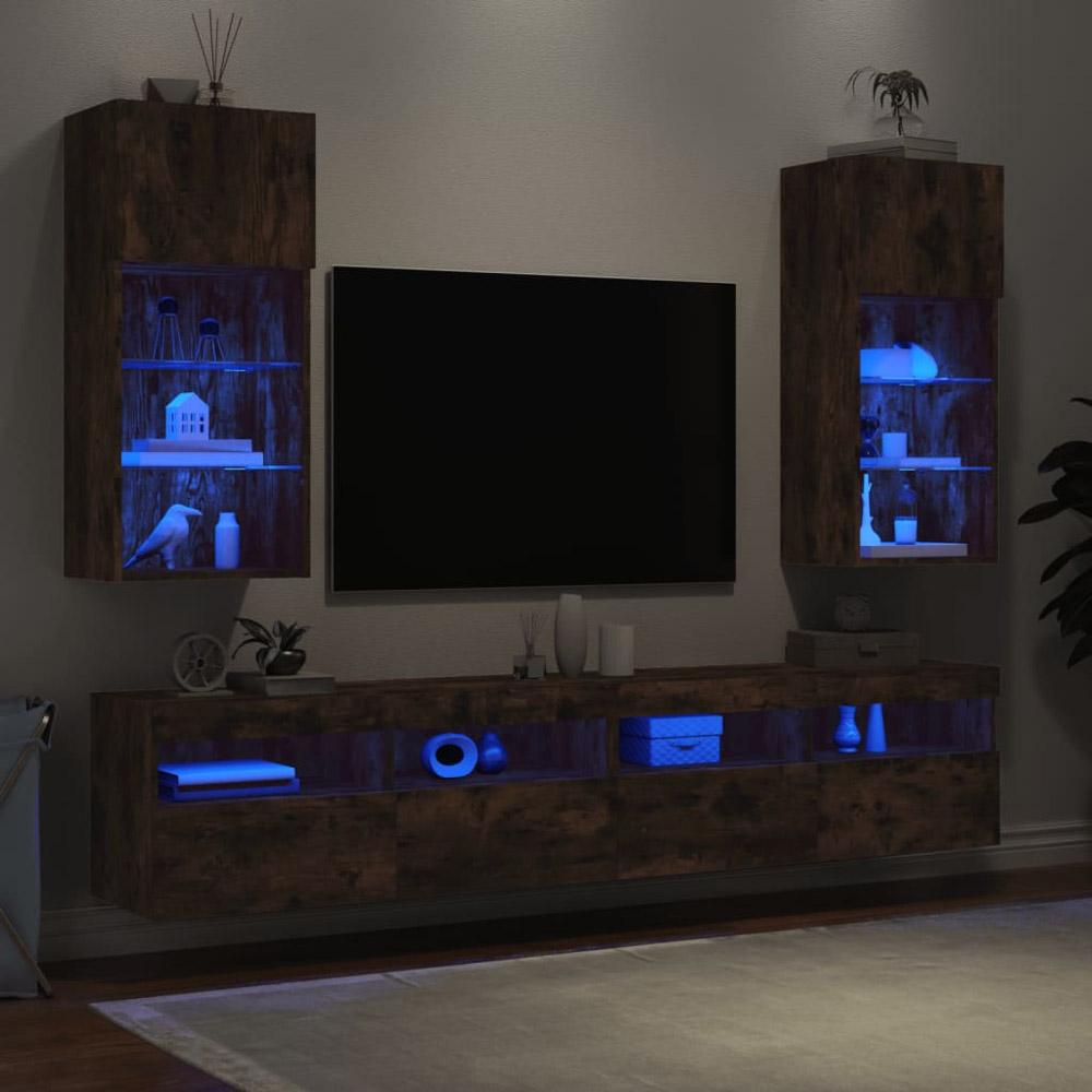 vidaXL Single Door 3 Open Shelf Smoked Oak TV Cabinet with LED Light Set of 2 Image 4