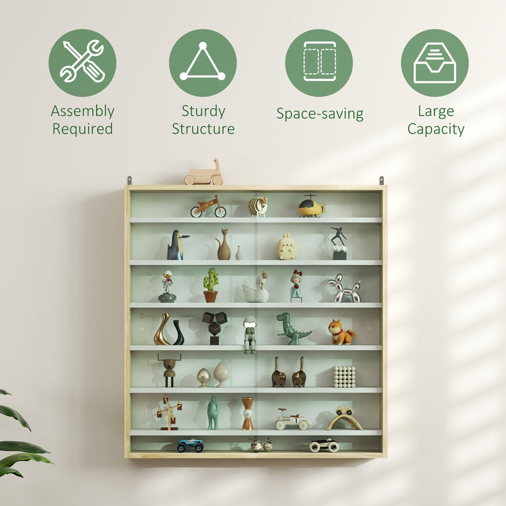 HOMCOM 7-Tier Glass Doors Oak Wall Display Cabinet Image 6
