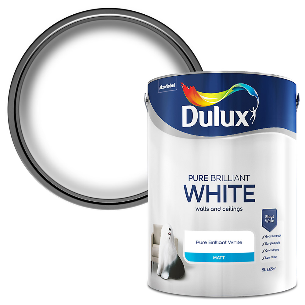 Dulux Walls & Ceilings Pure Brilliant White Matt Emulsion Paint 5L Image 1