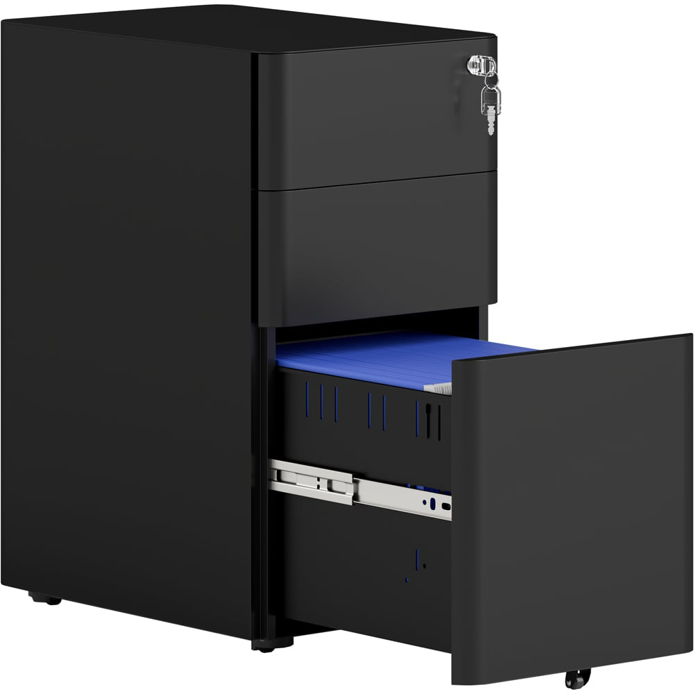 Vinsetto 3 Drawer Black Steel Lockable Filing Cabinet on Wheels Image 2