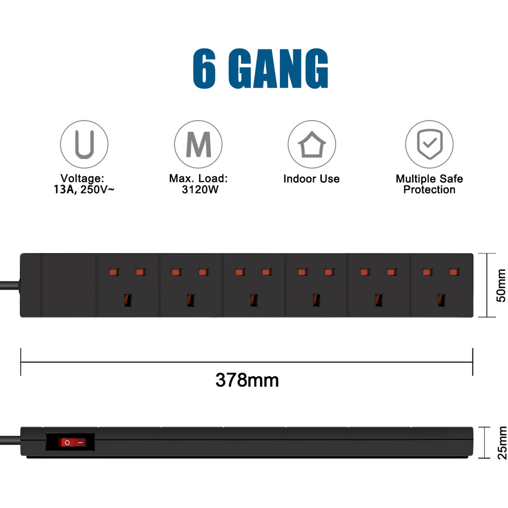 ExtraStar 6 Way 13A Black Extension Lead with Switch 2m Image 5