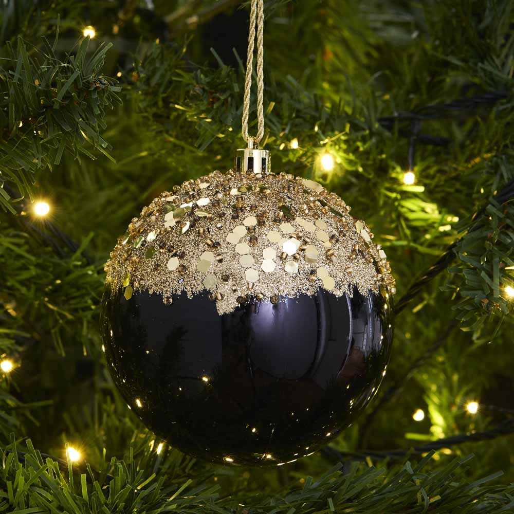 Wilko Luxe Black Glitter and Beads Topped Christmas  Bauble 10cm 4 Pack Image 3