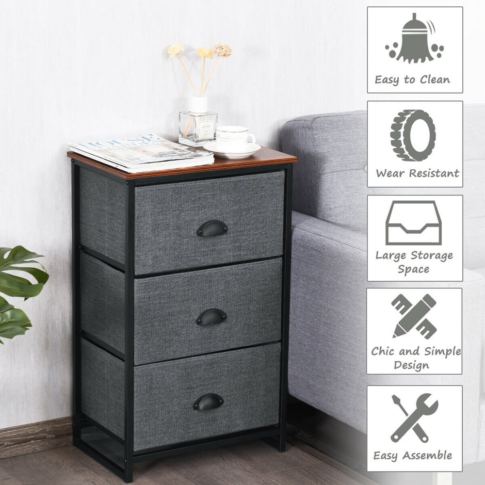 Costway Black 3 Drawer Fabric Nightstand Bedside Storage Cabinet Image 7