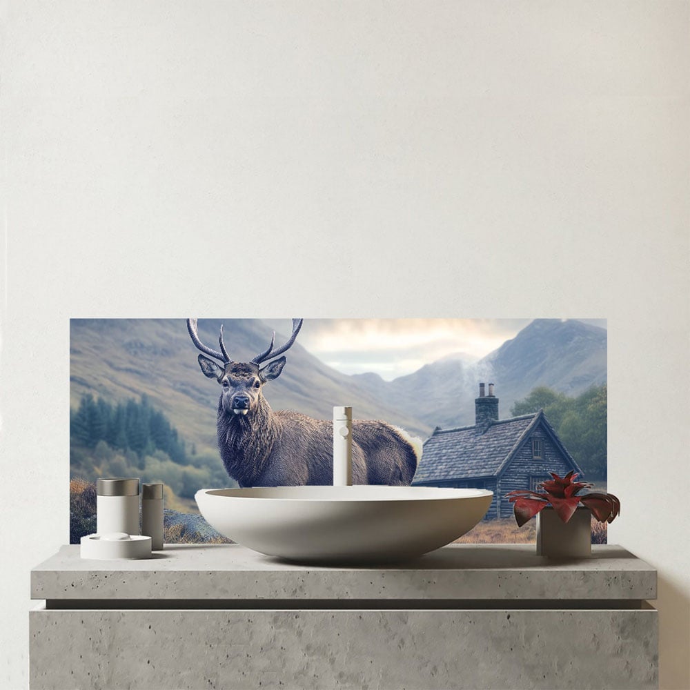 Warren Reed Designer Highland Stag by the Cottage Glass Bathroom Splashback 25 x 60cm Image 1
