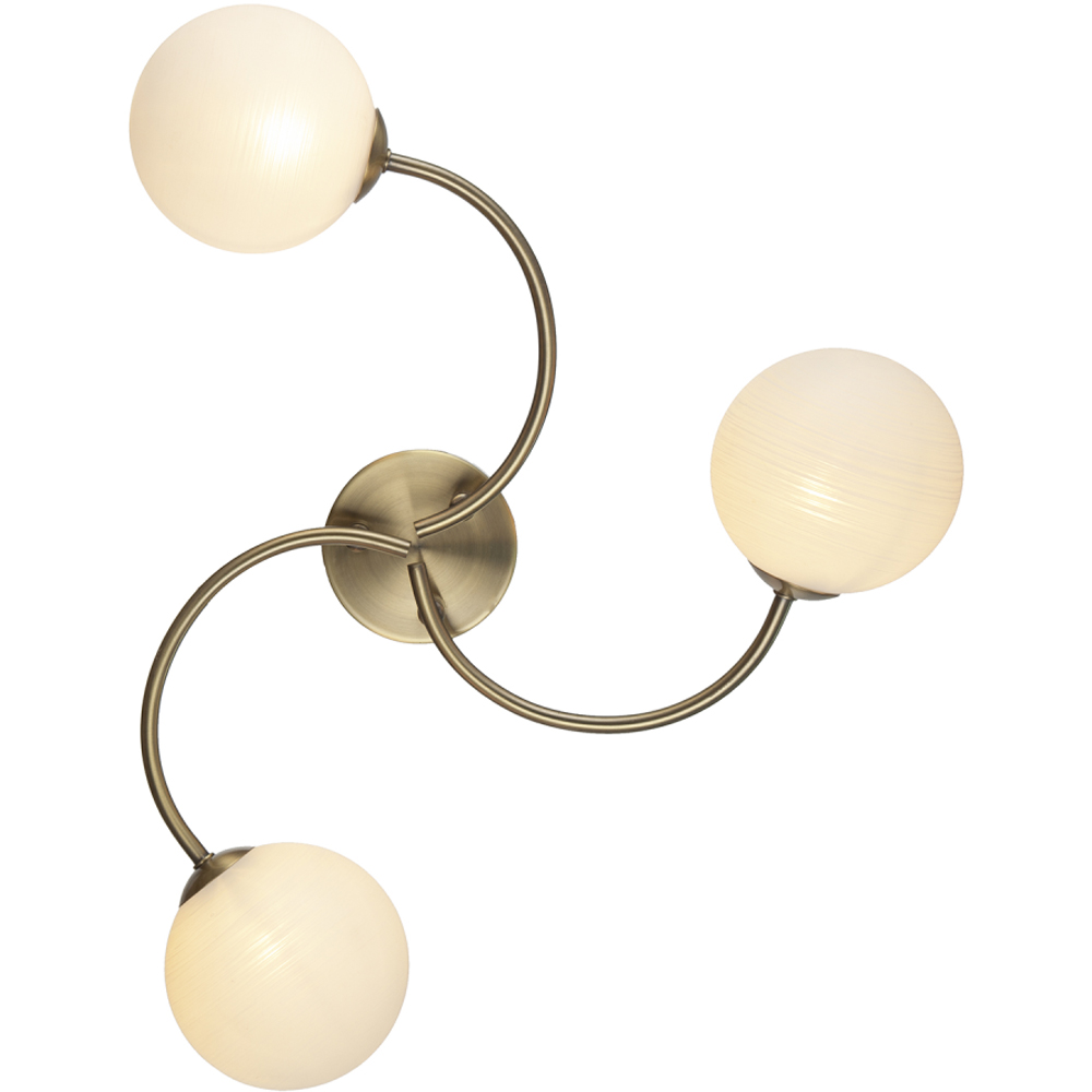 Happy Homewares 3 Arm Antique Brass Ceiling Light with Opal Swirl Glass Spherical Shades Image 4