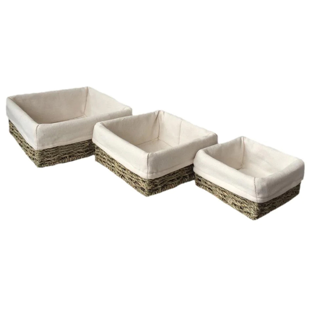 Red Hamper Cotton Lined Square Seagrass Tray Set of 3 Image 1