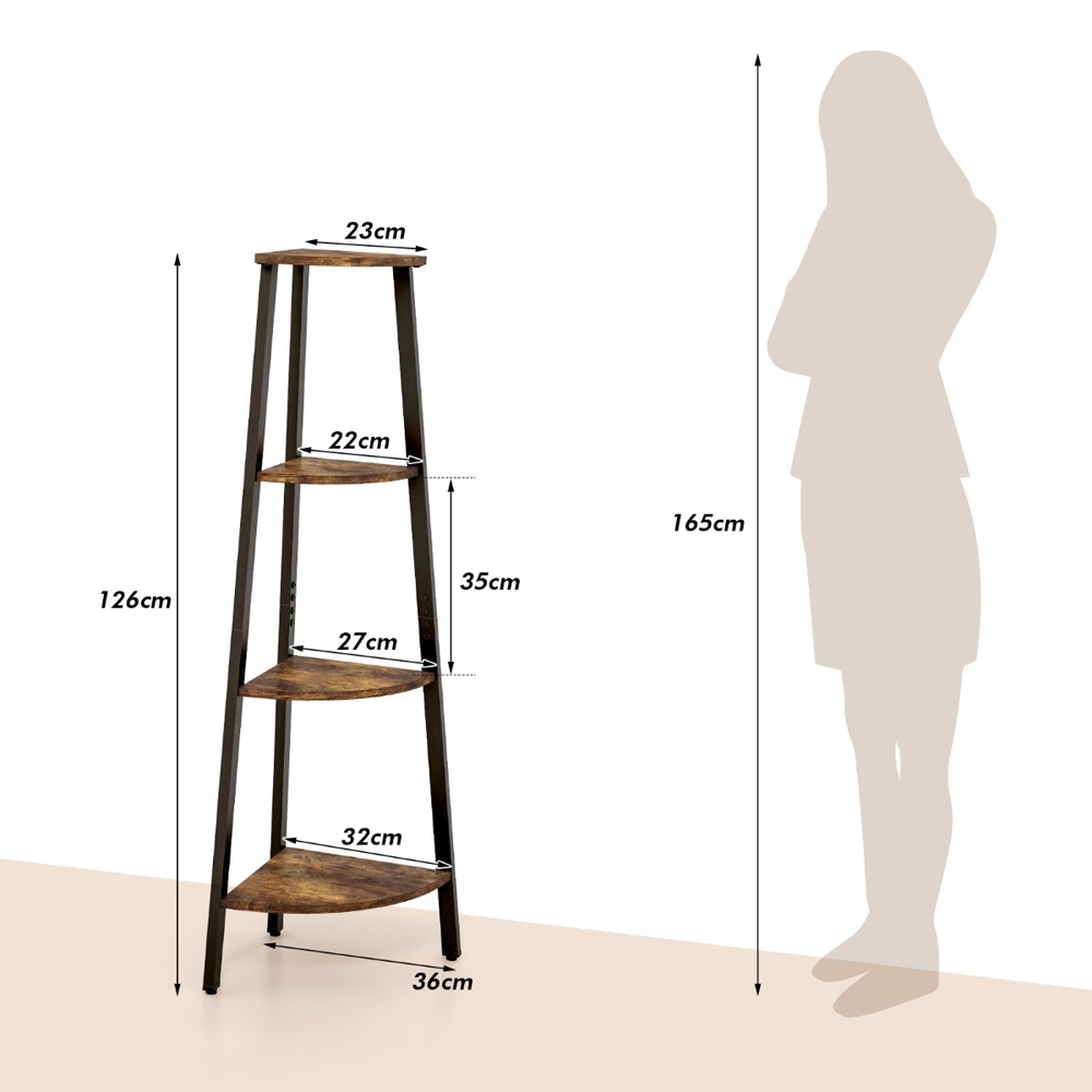Costway 4 Shelf Rustic Brown Corner Ladder Bookcase Image 9