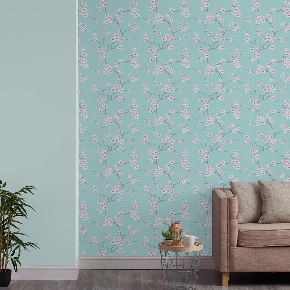 Fresco Apple Blossom Teal and Pink Wallpaper 51066 Image 3