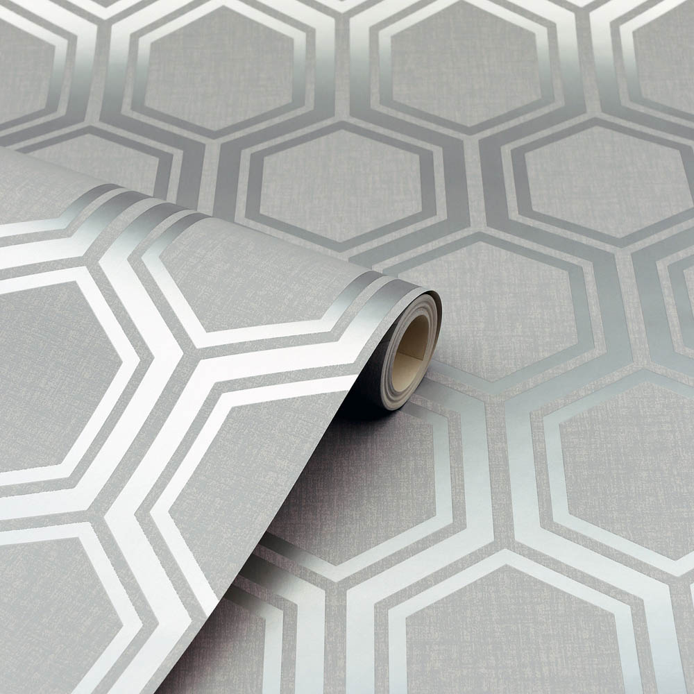 Arthouse Luxe Hexagon Grey and Silver Wallpaper Image 2
