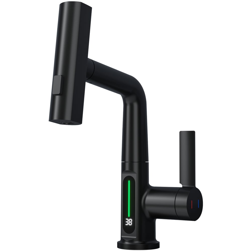 Ener-J Single Hole Black Pull Out Waterfall Kitchen Tap with LED Display Image 1