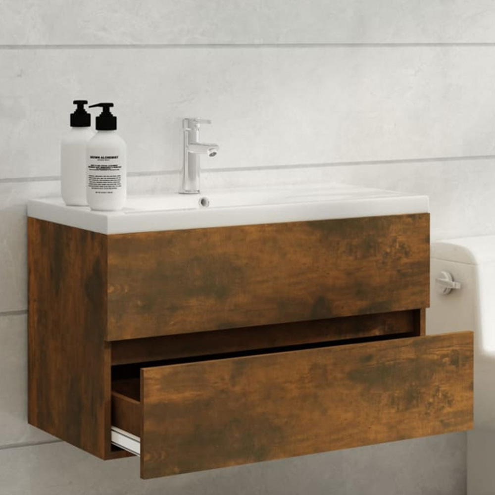 vidaXL 2 Drawer Smoked Oak Washbasin Cabinet with Built-In Sink Image 1