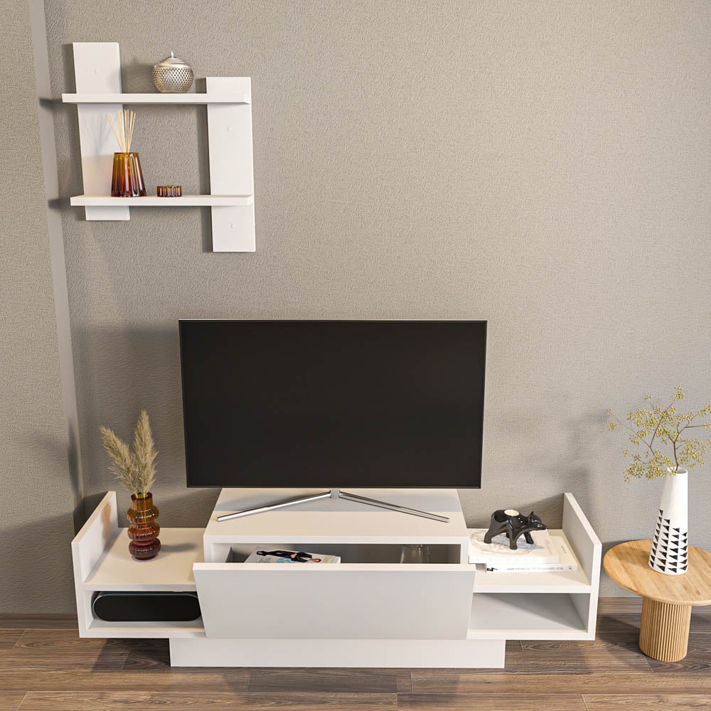 Decorotika Spring White TV Unit with Wall Shelf Image 4