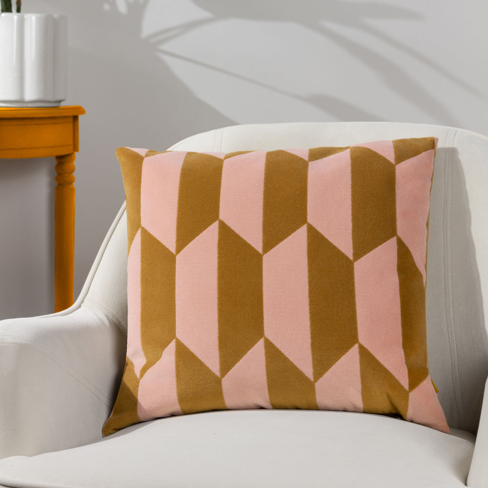 furn. Kalho Pink and Ochre Velvet Jacquard Cushion Image 2