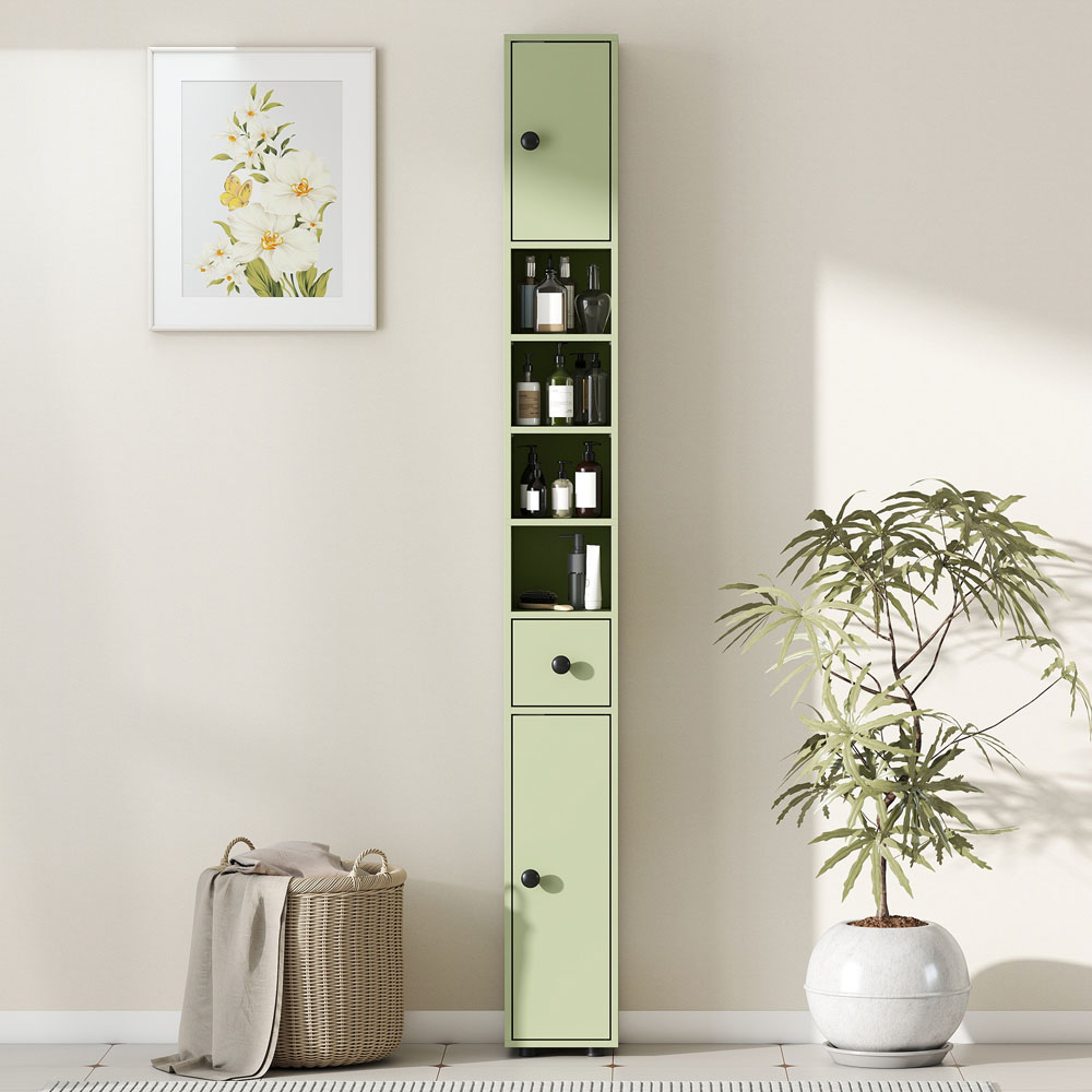 Kleankin 2 Door 4 Shelf Single Drawer Green Slim Bathroom Storage Cabinet Image 8