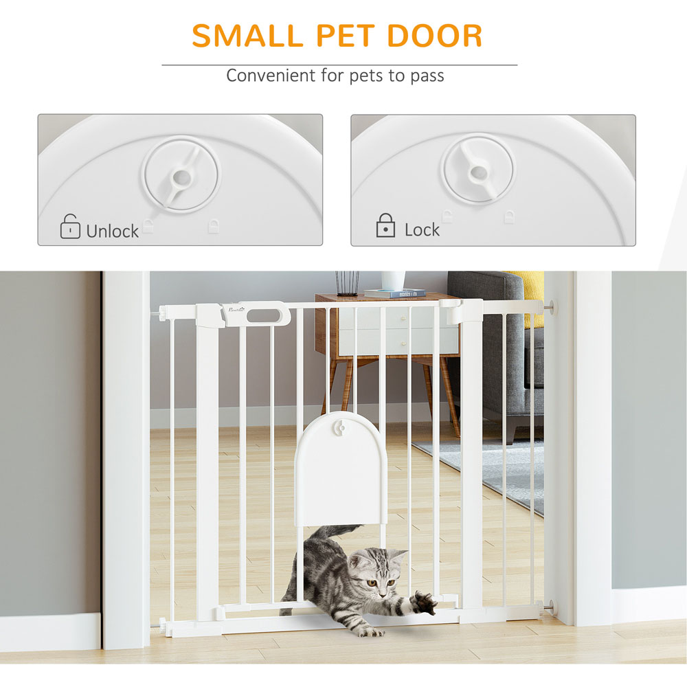 PawHut White 75-103cm Stair Pressure Fit Pet Safety Gate with Small Cat Flap Image 6