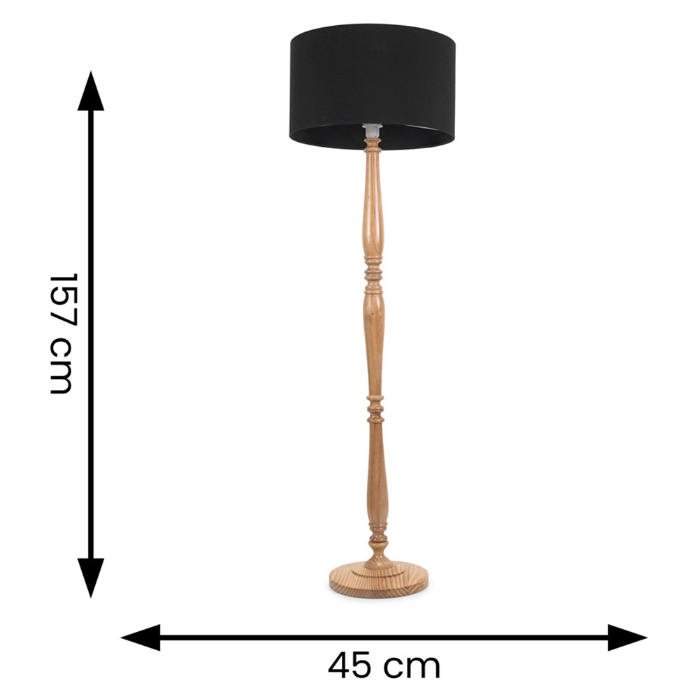 ValueLights Victoria Black Fabric Drum Shade Light Wood Traditional Stem LED Floor Lamp Image 5