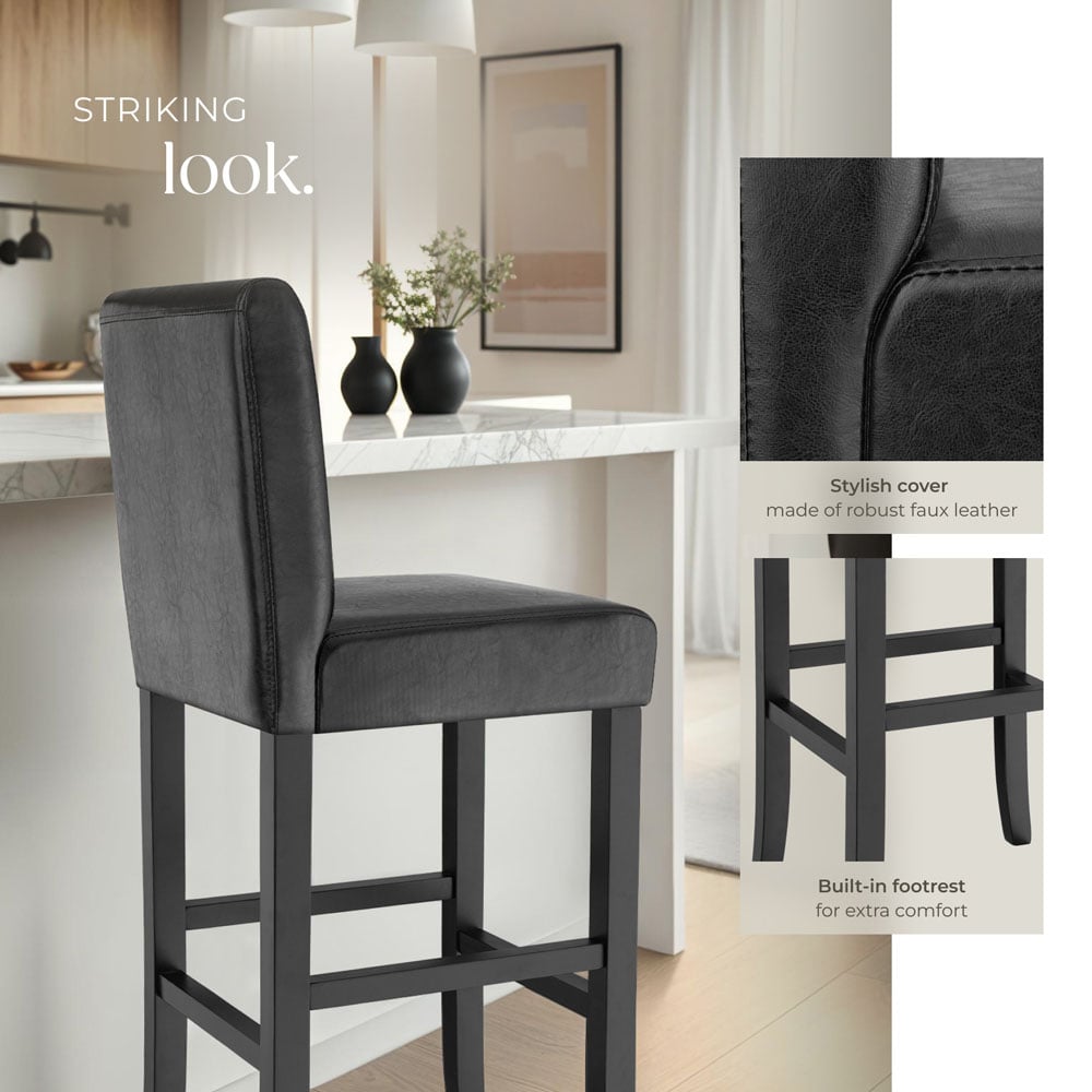 Tectake Black Leather Padded Bar Stool Set of 2 Image 4