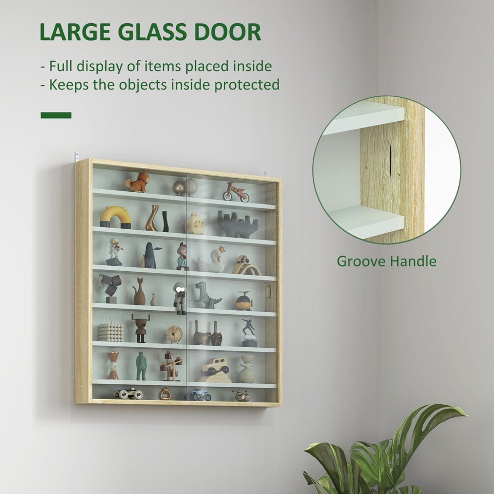 HOMCOM 7-Tier Glass Doors Oak Wall Display Cabinet Image 8