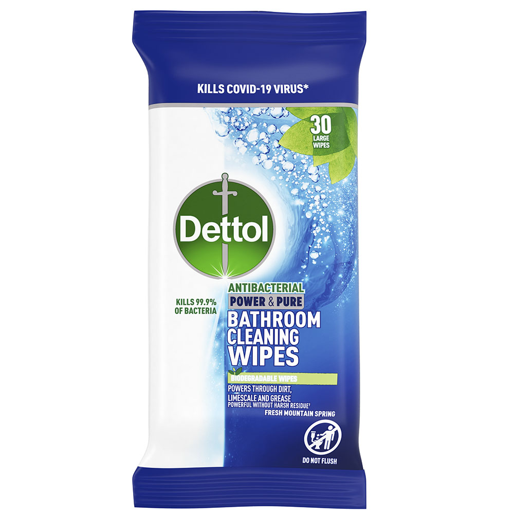 Dettol Power & Pure Antibacterial Biodegradable Bathroom Cleaning Wipes 30 Pack Image 1