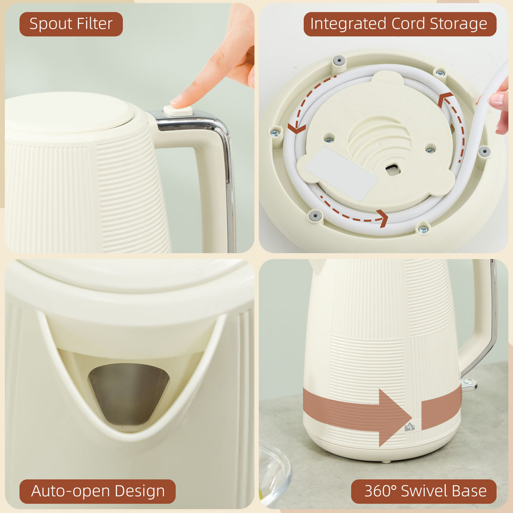 HOMCOM 800-233V70CW Cream 1.7L Fast Boil Electric Kettle 3000W and 2 Slice Water Toaster Set Image 3