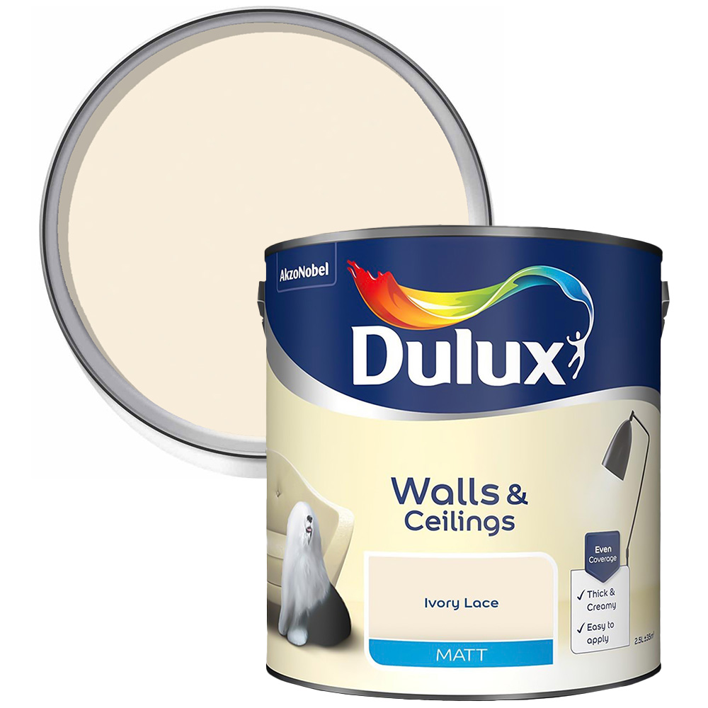 Dulux Walls and Ceilings Ivory Lace Matt Emulsion Paint 2.5L Image 1