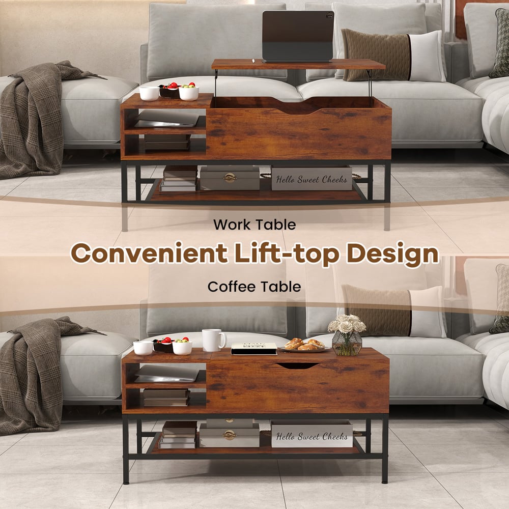 Costway 3 Shelf Rustic Brown Lift Up Top Coffee Table Image 7