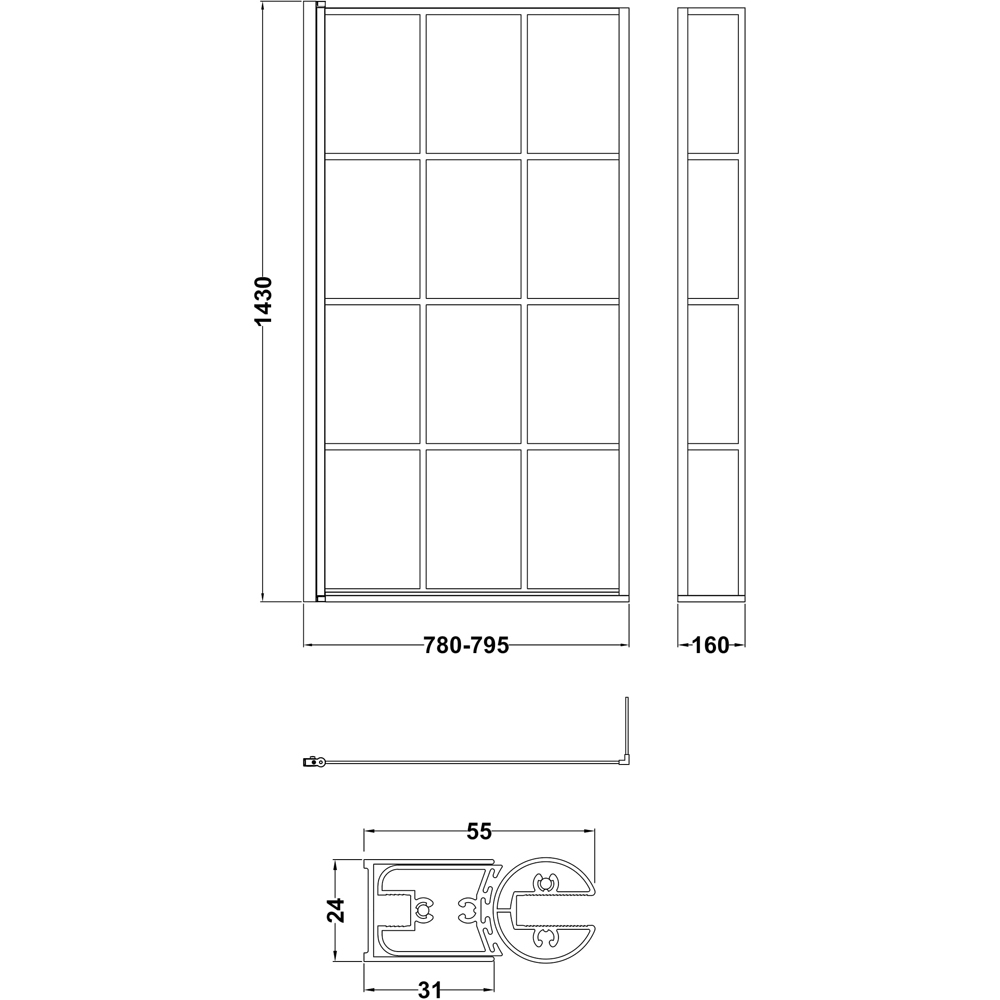 nuie Matt Black Square Framed Bath Screen with Fixed Return 808mm Image 4