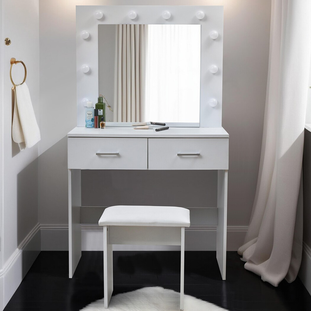 2 Drawer White Vanity Dressing Table with Stool Image 1