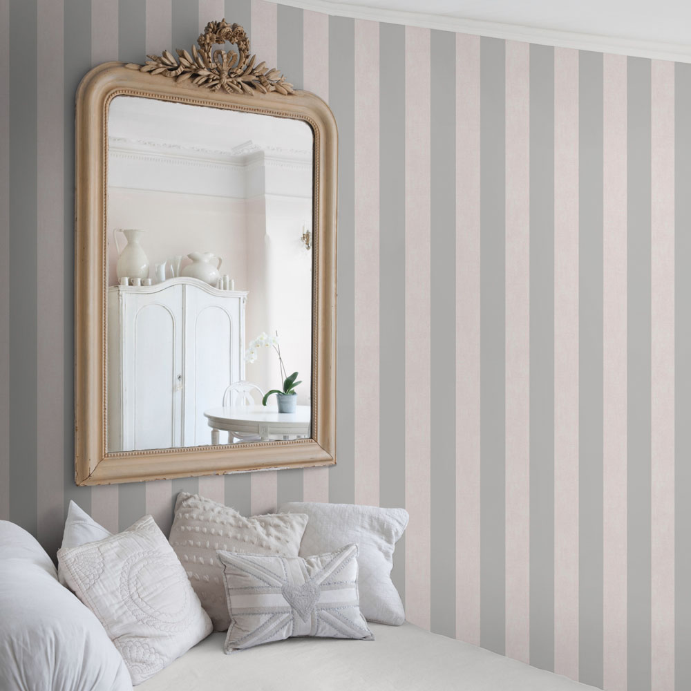Darcy James Linen Stripe Pink and Silver Wallpaper Image 4