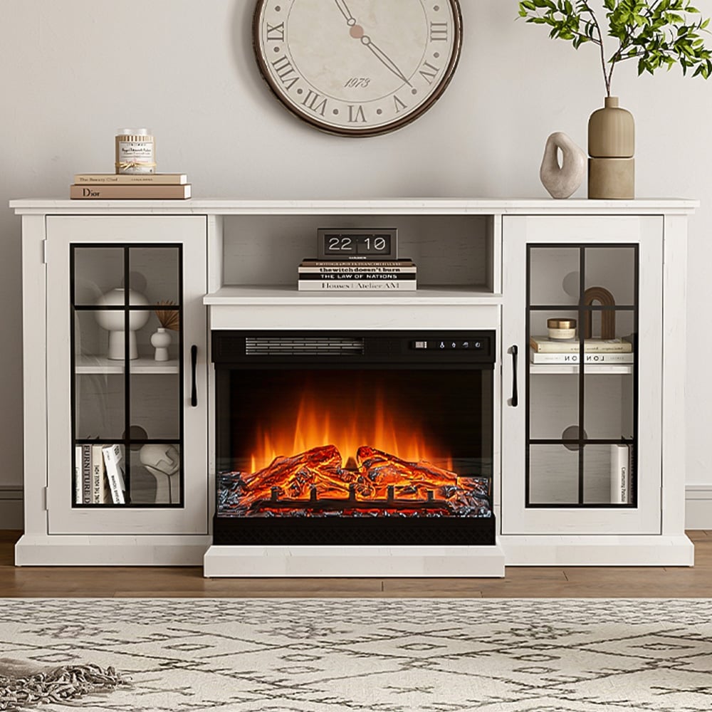 Living and Home 3 Side White TV Stand Surround Set Cabinet Electric Fireplace with Storage Shelf Image 1