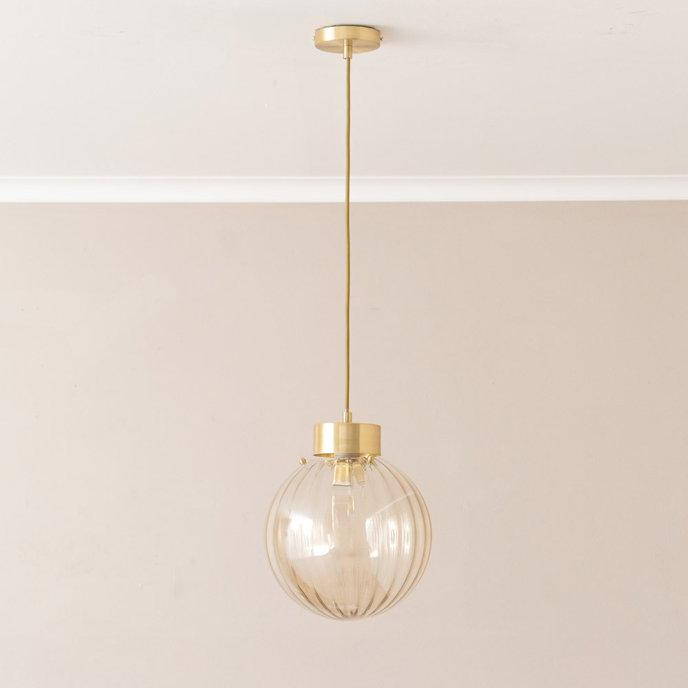 ValueLights Chessy Ribbed Glass Globe Brushed Gold Capped LED Ceiling Pendant Light Image 3