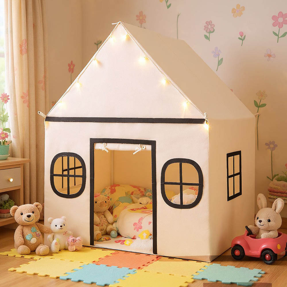 Costway Kids Beige Large Indoor Play Tent with Star Lights Image 2