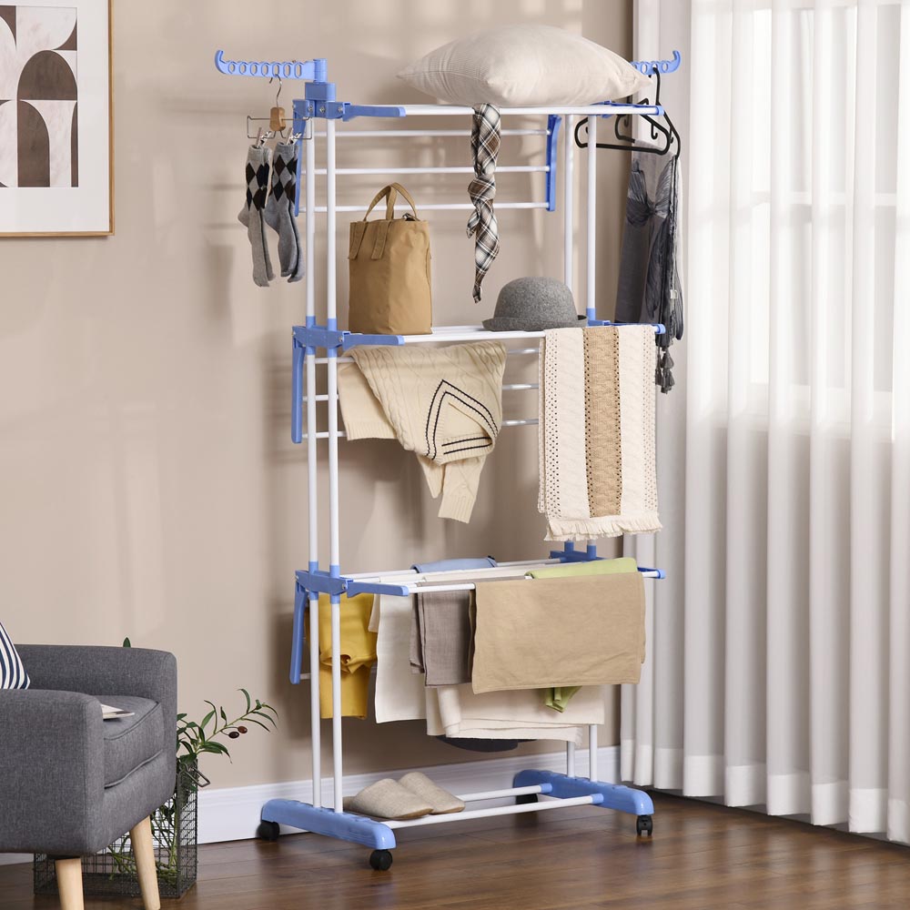 HOMCOM 4-Tier Blue Foldable Clothes Drying Rack with Casters Image 2
