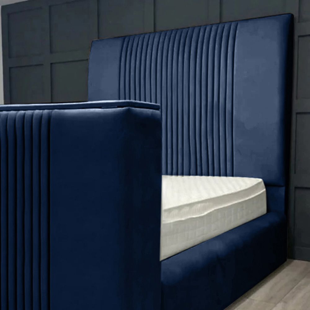 Eleganza Home Emri Double Blue Plush TV Velvet Bed Frame with Lined Headboard Image 2